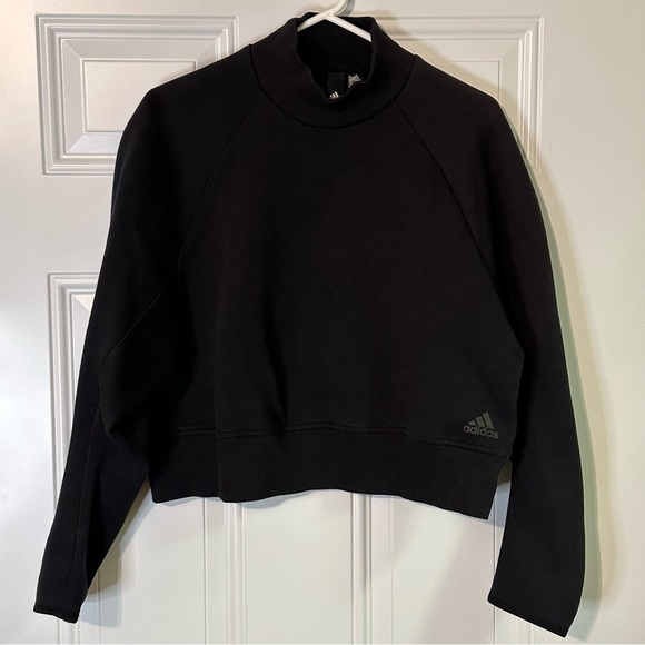 Adidas Cropped Women Sweatshirt Size L Black Long Sleeve Turtle Neck Cotton - Picture 1 of 7